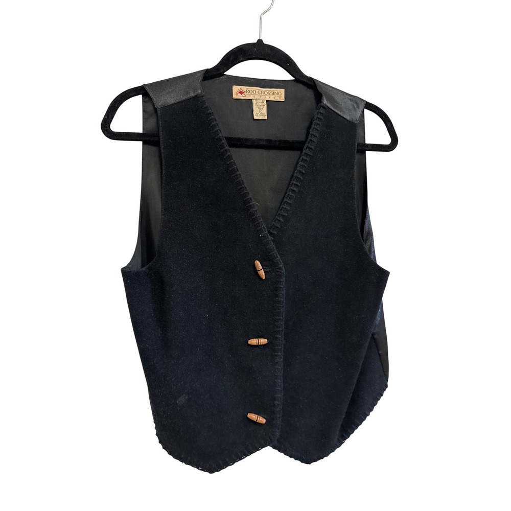Roo Crossing Petites Black Leather Vest Wood Toggle Button Western Suede Small P